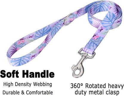 Mihqy Dog Collar and Leash Set with Bohemia Floral Tribal Geometric Patterns - Soft Ethnic Style Collar Adjustable for Small Medium Large Dogs(Purple Flower Flower Set,M)