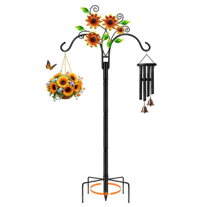 Double Shepherds Hooks for Outdoor, 1 Pack 78 Inch Bird Feeder Pole with 5 Prongs Base, Adjustable Heavy Duty Plant Hangers Sunflower Art for Outdoor Plants Hummingbird Feeder Hanging Basket Lantern