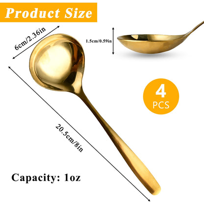 Elesunory 4 Piece 1 oz Gold Small Ladle, 8 Inch 304 Stainless Steel Soup Ladle for Serving, Gravy Spoon for Sauces, Dishwasher Safe