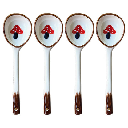 Bicuzat Vintage Ramen Soup Spoons, Ceramic Asian Soup Spoons Tablespoon, Rice Noodles Dinner Serving Spoon, Dessert Spoon, Ladles for Pho Miso Cereal Sauce Gravy Condiment, 4 PCS-Mushroom-6.6 Inch