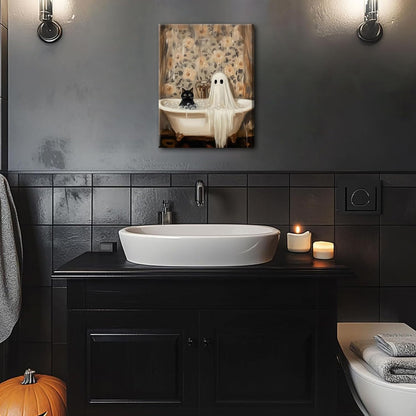 Halloween Ghost Bathroom Canvas Wall Art, Horror Ghost and Cute Black Cat in Bathtub Pictures Wall Decor, Gothic Dark Academia Paintings Prints for Toilet Dorm 12x16 inch Framed