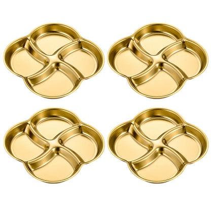 Hayuhone 4 Pcs Soy Sauce Dish Stainless Steel Divided Dip Bowls Korean 4 Compartment Gold Sauce Plate Seasoning Dipping Condiment Tray for BBQ Vinegar Spice Salt Sugar Flavor Home Restaurant