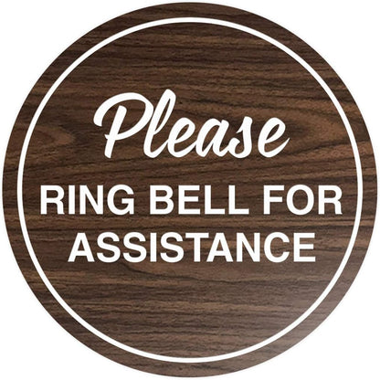 Signs ByLITA Circle Please Ring Bell For Assistance Wall or Door Sign | Easy Installation | Front Desk Reception Sign (Walnut) - X-large (5 Pack)