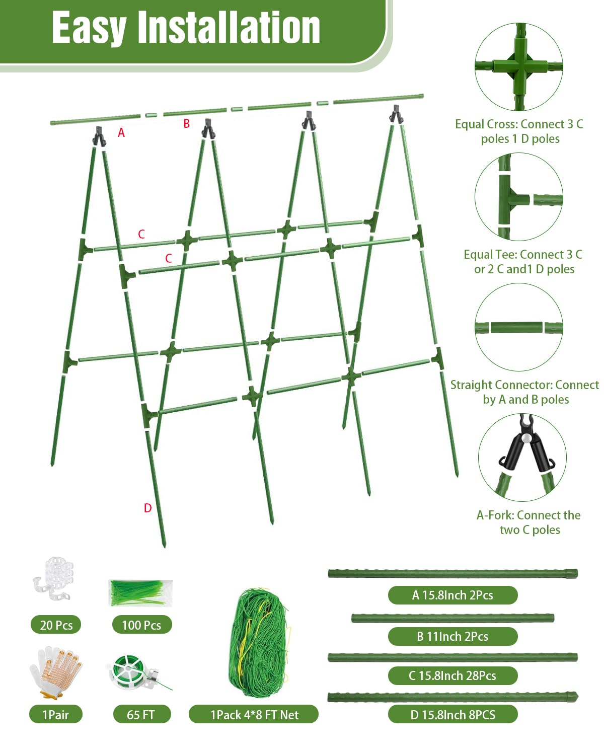 Joyhalo A-Frame Cucumber Trellis for Raised Beds, 47" Hx 57" L Adjustable Size, Garden Trellis for Climbing Plant Outdoors with Climbing Net and Plant Support Clip for Vegetable Vine Pea Bean Tomato