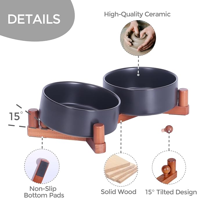 Elevated Ceramic Dog Bowls for Small Dogs, Adjustable Wooden Stand with Raised Food & Water Bowls, Modern Pet Feeding Station for Cats and Small Dogs, Non-Slip 13.5oz Black | Adjustable Wooden Stand