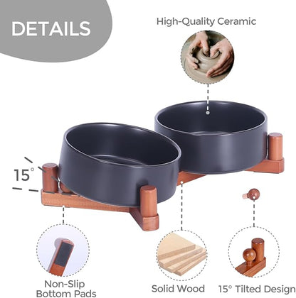 Elevated Ceramic Dog Bowls for Small Dogs, Adjustable Wooden Stand with Raised Food & Water Bowls, Modern Pet Feeding Station for Cats and Small Dogs, Non-Slip 13.5oz Black | Adjustable Wooden Stand
