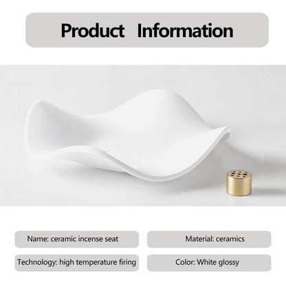 6.7 "Ceramic Incense Burner for Incense/Coil,Wavy Base with Brass -Incense Holder for Sticks,with Ash Catching Bowl for Meditation Yoga and Home Decoration (White)