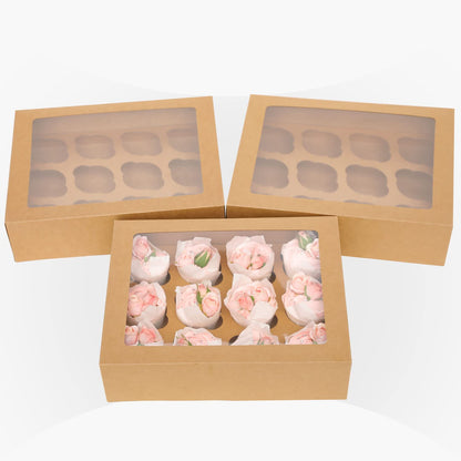 Bakepacker 12 Cupcake Containers 20-Packs Brown 12 Count Cupcake Boxes with Window Cupcakes Carrier, 13"x10"x3.5"（Auto-pop up）