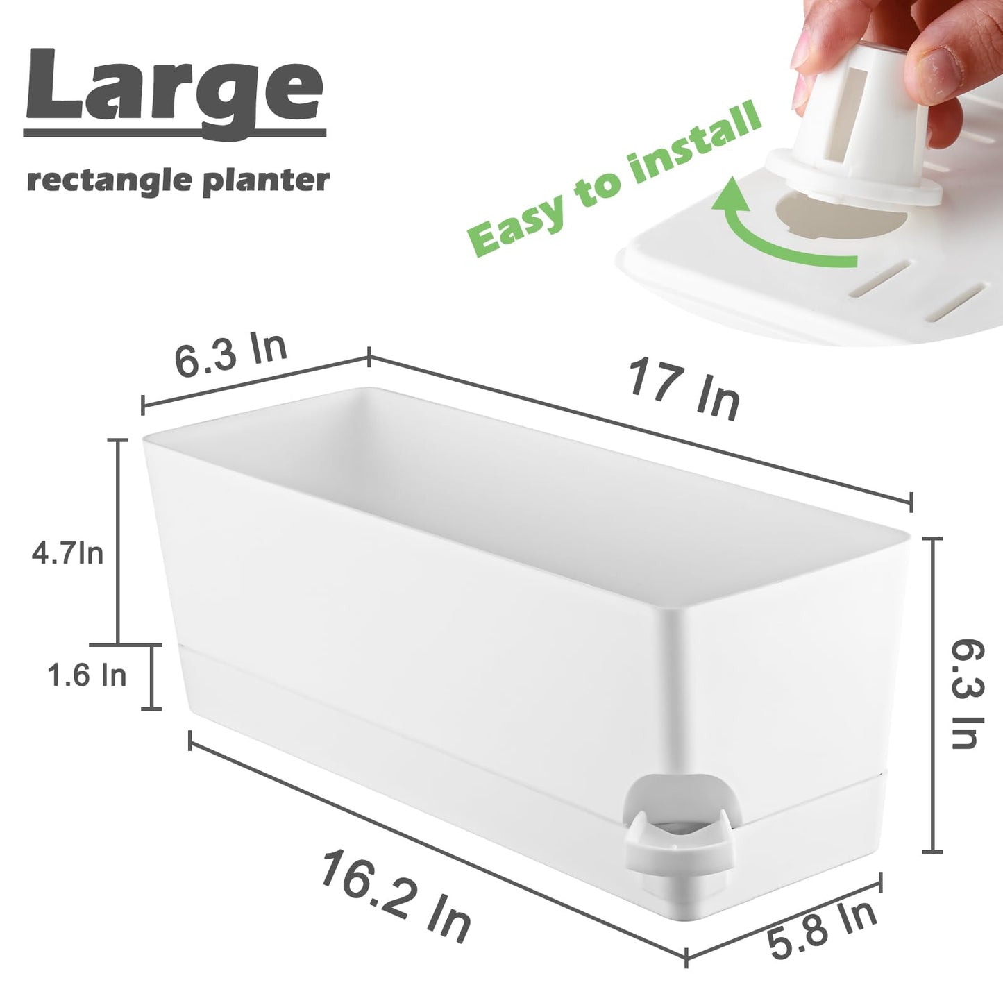 2 Pack Self Watering Pots for Indoor Plants 17 Inches Window Boxes Planters Rectangular Flower Pots Rectangle Herb Pots Large Plant Pots with Drainage Holes and Saucers Windowsill Planter, White