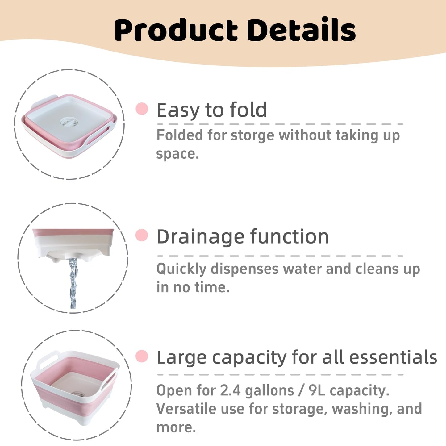 Collapsible Wash Basin for Baby Bottles - 2.4 Gallons Portable Wash Bin for RV Camping Sink, Space-Saving Dish Tub (Gray)