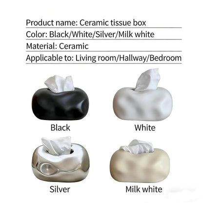 Ceramic Tissue Box Cover Modern Decorative Organizer for Facial Tissues Holder, Farmhouse Style Home Decor for Bathroom, Bedroom, Living Room & Office (Round Silver)