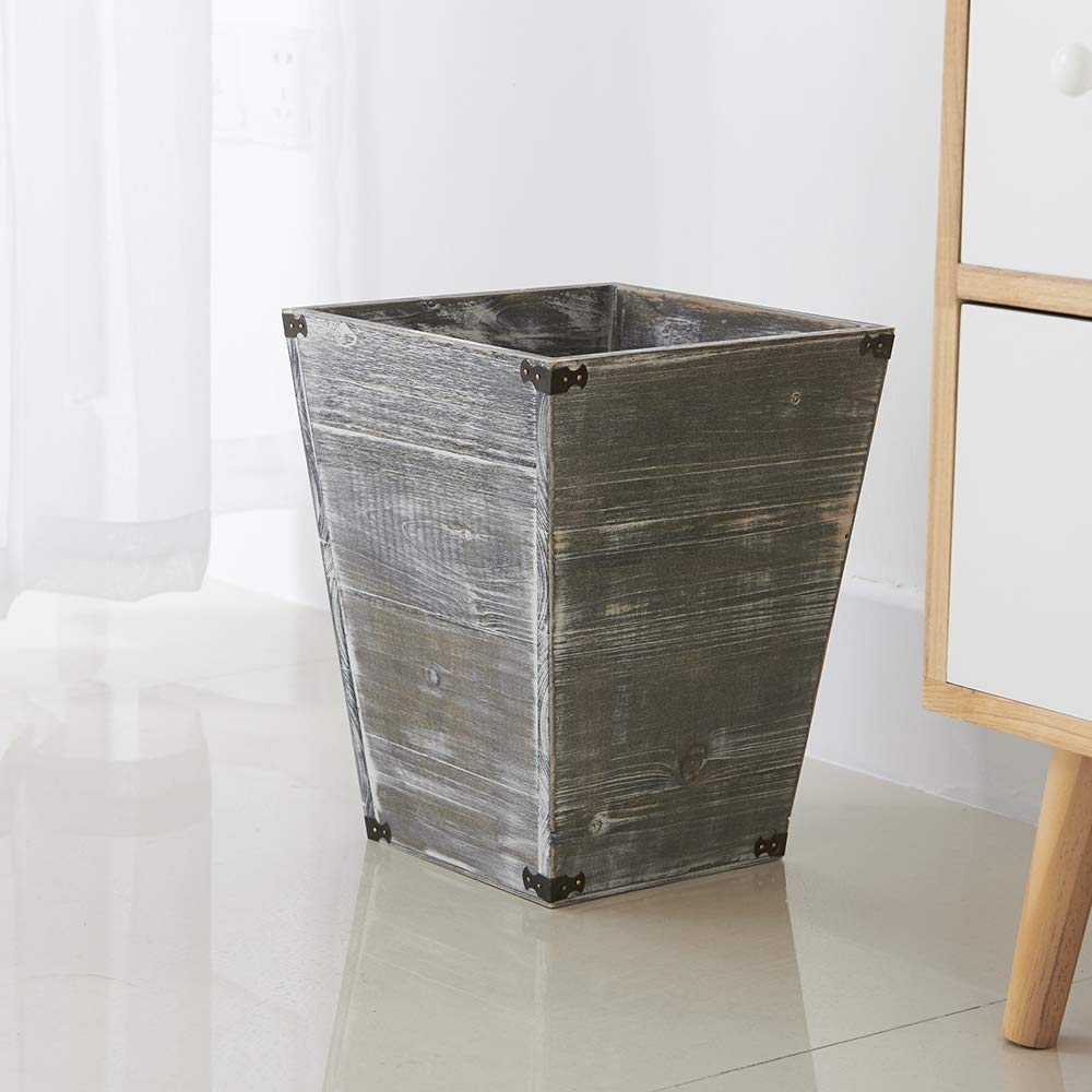 VERGOODR Gray Farmhouse Style Torched Wood Square Waste Bin with Decorative Metal Brackets Trash Can for Bedroom,Living Room, Bathroom & Office