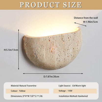 WOSBO Yellow Travertine Wall Sconce, 7.87" Wabi Sabi Light Fixture with Half Moon Natural Stone Lampshade Japanese Style Marble Wall Sconce Perfect for Kitchen Island Bedroom Living Room Farmhouse