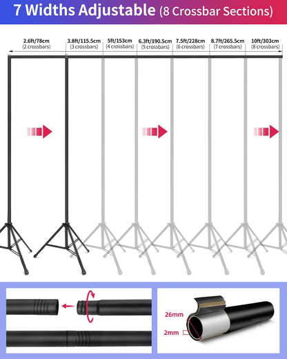 YAYOYA Backdrop Stand 10 x 8 Ft (WxH), Adjustable Photography Background Stand Support Kit with 6 Clamps & Carrying Bag for Photo Studio, Party, Wedding, Decoration, Projector Screen