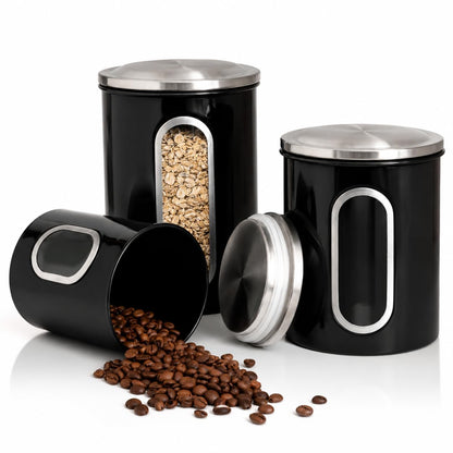 Moss & Stone 3-Piece Black Canisters Sets For The Kitchen, Airtight Canister Set With See Through Window, Storage Jars for Coffee Container, Tea Organizer & Sugar Canister, Black Kitchen Canisters