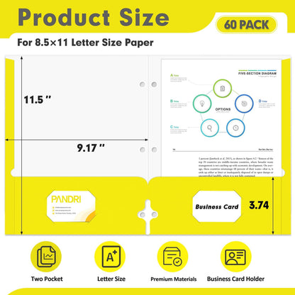Two Pocket Portfolio Folders, PANDRI 60 Pack 3 Hole Punched 2 Pocket Folders for 3 Ring Binder, Letter Size Paper File Folder for School Office Home Business, Yellow