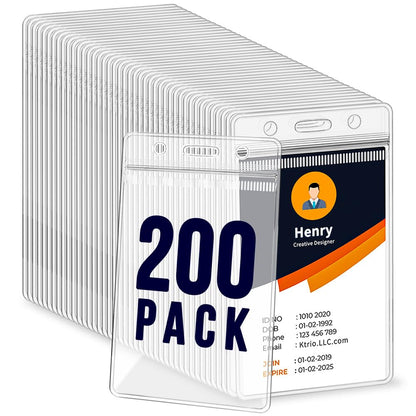 200 Pack Badge Holder, Plastic ID Badge Holder, Clear Waterproof ID Card Holder with Resealable Zip, 2.5" x 3.8" Vertical Name Tag Holder for Nurses and Office, Fits ID Card/Credit Card/Student Card