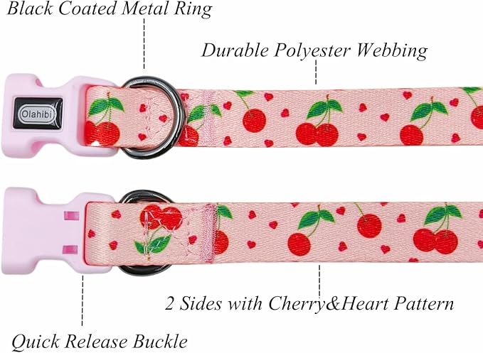 Dog Collar Leash Set, Fruit Pattern, Polyester Material, Adjustable Collar and 5ft Matching Leash, for Puppy Dogs.(XS, Pink Cherry)