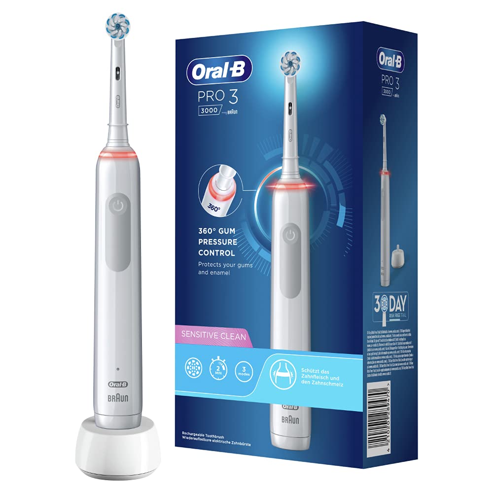 Oral-B PRO 3 3000 Sensitive Clean Electric Toothbrush with 3 Cleaning Modes Including Sensitive and Visual 360° Pressure Control for Dental Care, Designed by Braun, White