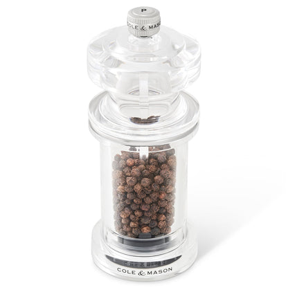 Cole & Mason 605 Refillable Spice Mill - Kitchen & Home Accessory - Salt & Pepper Grinder Set - Salt & Peppercorn Included - Acrylic - New Salt & Pepper Set 5.5"