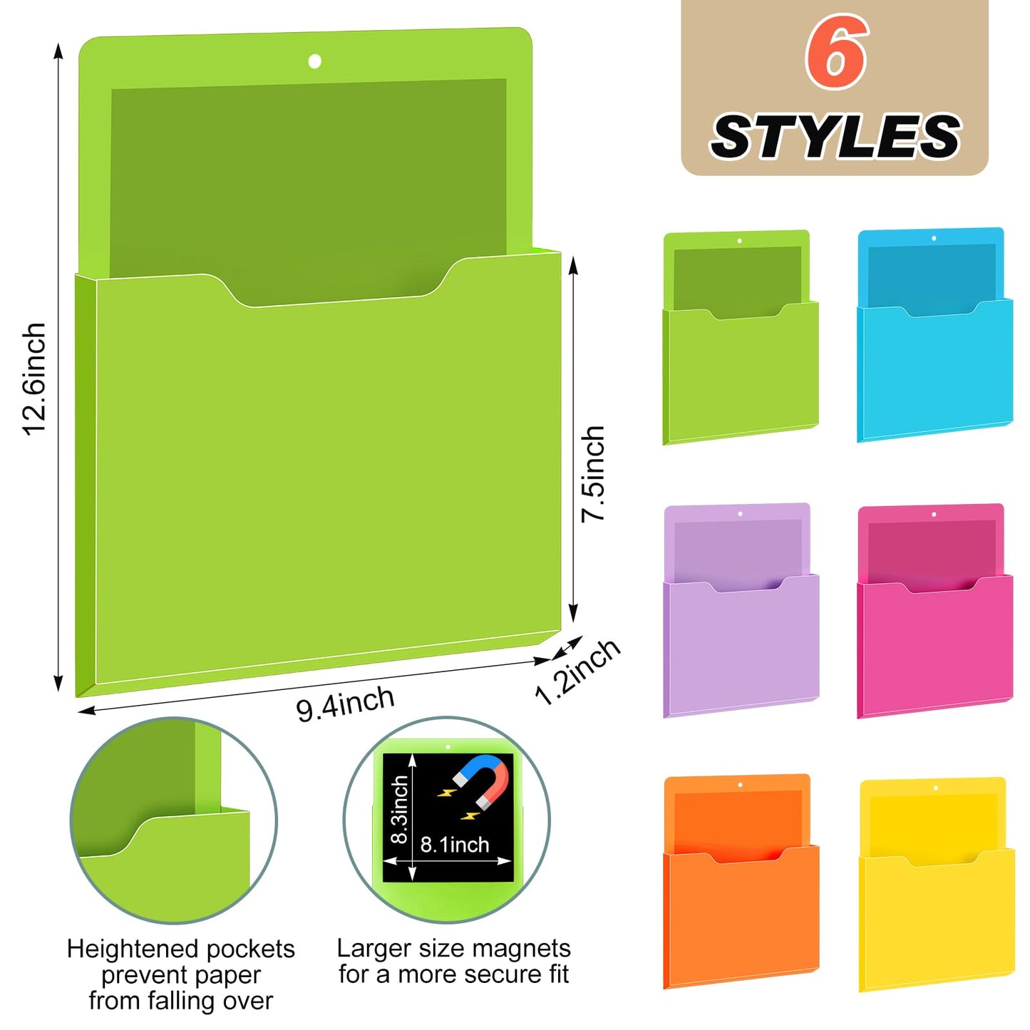 Fuutreo 6 Pcs Magnetic Wall File Organizer Magnetic Wall File Holder Refrigerator Magazine Holder for Mail Letters Paper(Bright Color,Vertical-large)
