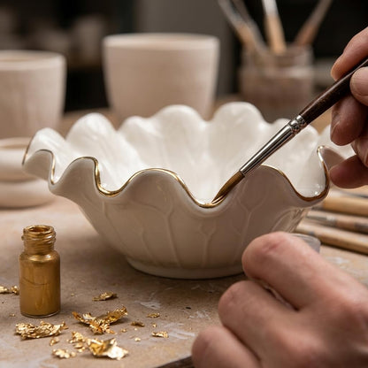 ALIWINER 8 Inch Small Lotus Ceramic Decorative Bowl, about15 oz Capacity, Modern Ruffle Lotus Leaf with Gold TrimDesign,Decorative Centerpiece for Entryway Tables, Coffee Tables,Kitchen Counters