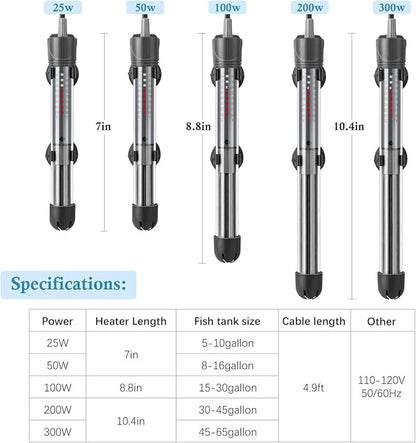 HITOP 50W Adjustable Aquarium Heater, Submersible Fish Tank Heater Thermostat with Suction Cups for 8-16Gal