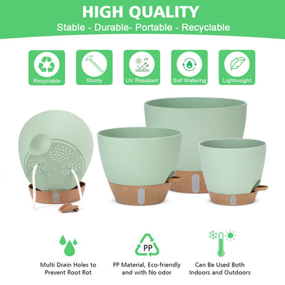 12" 10" 9" 8" Self Watering Pots with Water Level Indicator, Large Plastic Planters Set with Mesh Drainage Hole and Removable Saucer Reservoir, Big Flower Pot for Indoor Outdoor Plants (Green)