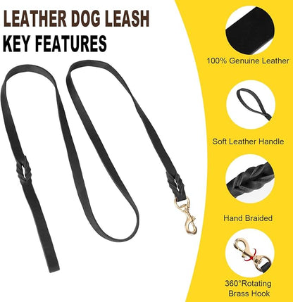 LWBMG 6FT Leather Dog Collar and Leash Set, Heavy Duty Dog Leash and Collar with Metal Buckle,Adjustable Pet Collar and Lead, Soft Pet Leash and Collar Set for Large Dogs Black