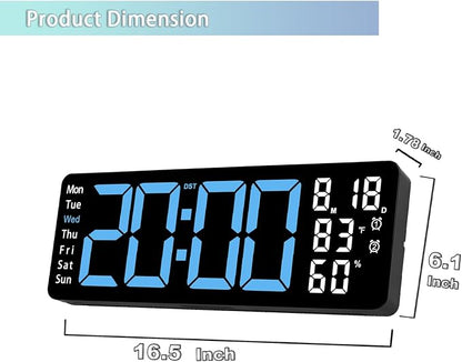 17.5 Inch Blue LED Digital Wall Clock with 8 Ambient Light Colors｜Displays Time,Date,Day,Temperature&Humidity,Dual Alarms,Countdown&Stopwatch,DST,10-Level Auto/Manual Brightness｜Modern Silent Clock