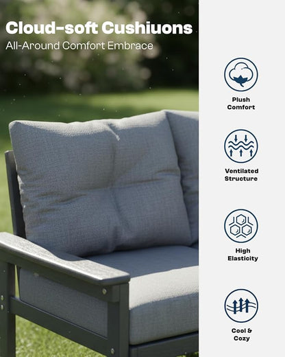 HDPE Outdoor Patio Furniture Set, 6-Piece Patio Conversation Sets with Coffee Table & Side Table & Grey Washable Thick Cushions, Outdoor Sofa for Balcony, Porch, Poolside (Grey Frame)