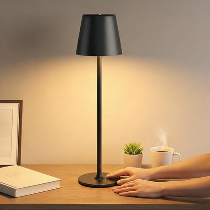 Holyask Cordless LED Table Lamp, Touch Dimmable Bedside Night Light, Rechargeable USB, Full Metal Body, Dual Battery, IP54 Waterproof – Black