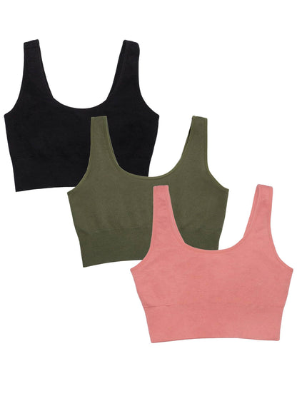 Fruit of the Loom Women's 360 Stretch Longline Sport, Comfortable Wireless Bras, Seamless Full-Coverage for a Natural Shape, Desert Dusk/Olive Night/Black