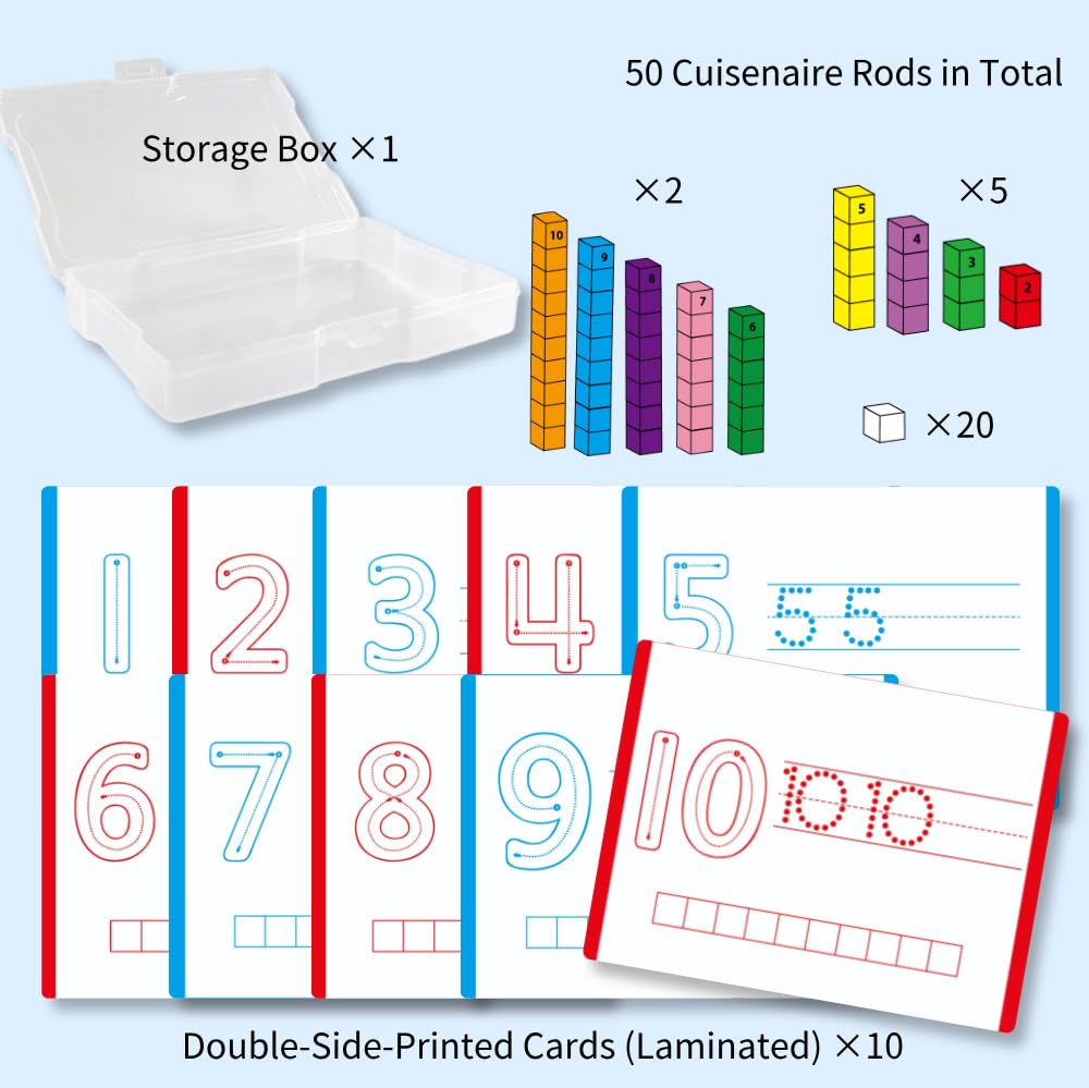 Math Task Boxes Set of 5 Math Manipulatives Themes 230+ Pieces of Number Rods, Base Ten Blocks, Ten Frame Disc Counters, Place Value Blocks, 0-9 Numbers, 3D Shapes, Activity Cards (Number Rods)