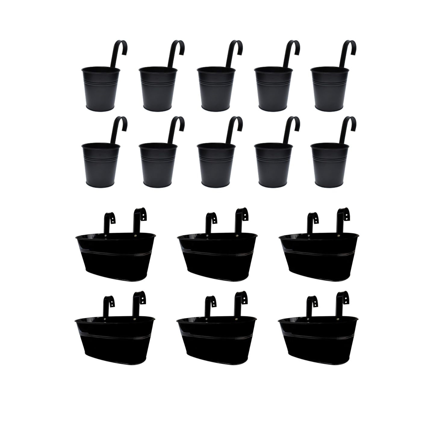 LaLaGreen Bundle - 6 Pack, 11.2 Inch Rounded Hanging Pot + 10 Pack, 6 Inch Black Metal Flower Pot, Large Outdoor Fence Deck Porch Railing Bucket, Modern Style Window Hanger Hook Balcony Plant Decor