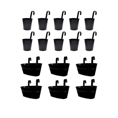 LaLaGreen Bundle - 6 Pack, 11.2 Inch Rounded Hanging Pot + 10 Pack, 6 Inch Black Metal Flower Pot, Large Outdoor Fence Deck Porch Railing Bucket, Modern Style Window Hanger Hook Balcony Plant Decor