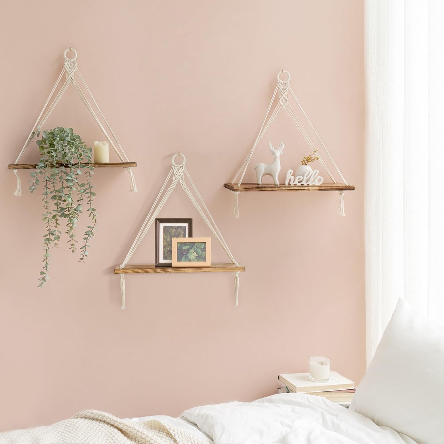 Mkono Woven Storage Basket Decorative Rope Basket and Macrame Hanging Shelves Boho Wall Decor Set of 3