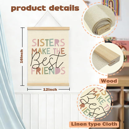 STHTTSW Girls Room Wall Art Decor,Toddler Girl Room Cute Pink Nursery Bedroom Playroom Canvas Banner Decorations,Sisters Make The Best Friends Wall Hanging Poster Wall Art 12x16 Inch