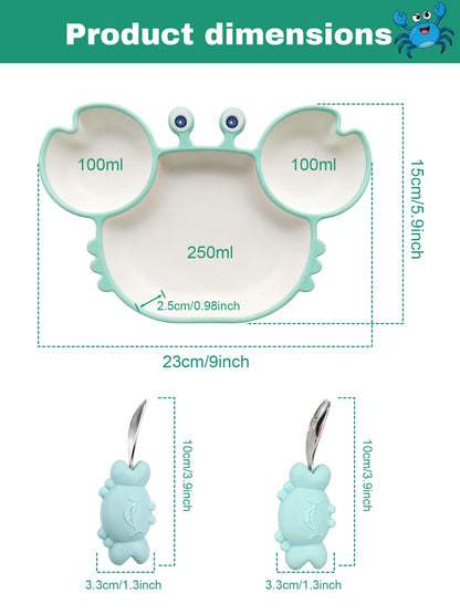 Magemata Crab-Shaped Meal Tray with Suction Base & Lid - 7.4"x7.4"x1.5"Adult Bento Box, Food-Grade Silicone, 3-Compartment Plate with Spoon & Fork for Office, Picnic, Party (Pumpkin Brown)