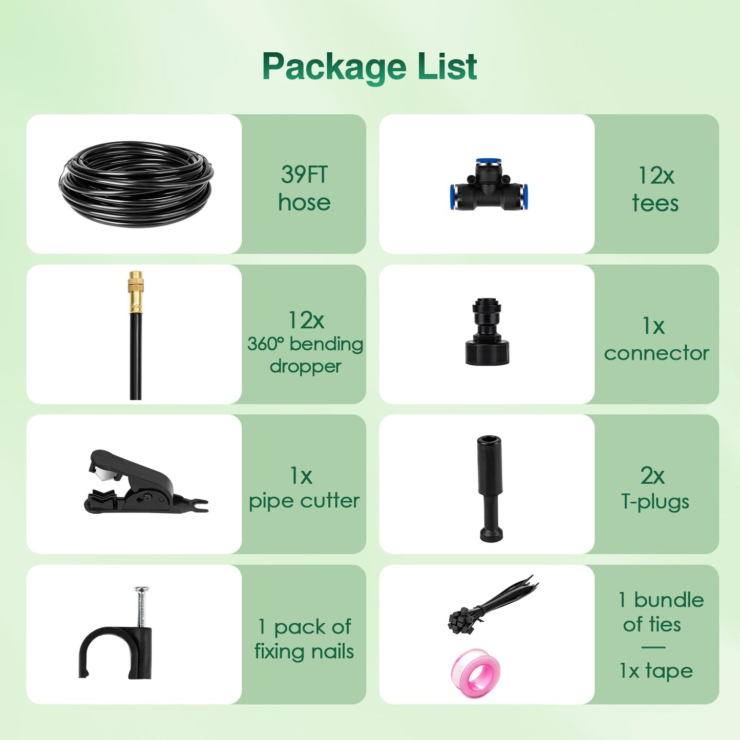 39FT Garden Mister System, Automatic Garden Watering System with 360-degree Bending Dropper Atomizing Copper Nozzle, Drip Irrigation System for Garden, Greenhouse, Yard, Lawn, Plant (12 Spray Nozzles)