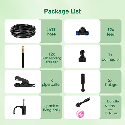 39FT Garden Mister System, Automatic Garden Watering System with 360-degree Bending Dropper Atomizing Copper Nozzle, Drip Irrigation System for Garden, Greenhouse, Yard, Lawn, Plant (12 Spray Nozzles)