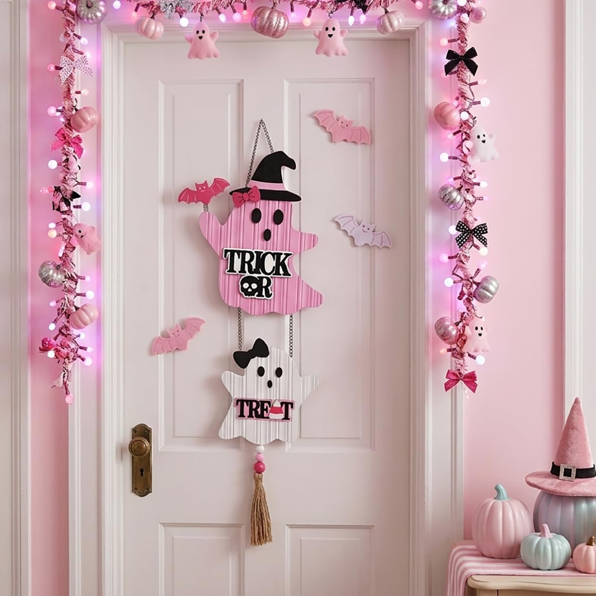 Valery Madelyn Pink Halloween Decorations, Cute Halloween Door Wreath Decorations, Ghost with Witch Hat Wooden Hanging Sign for Wall Window Door Handle, 22 inch