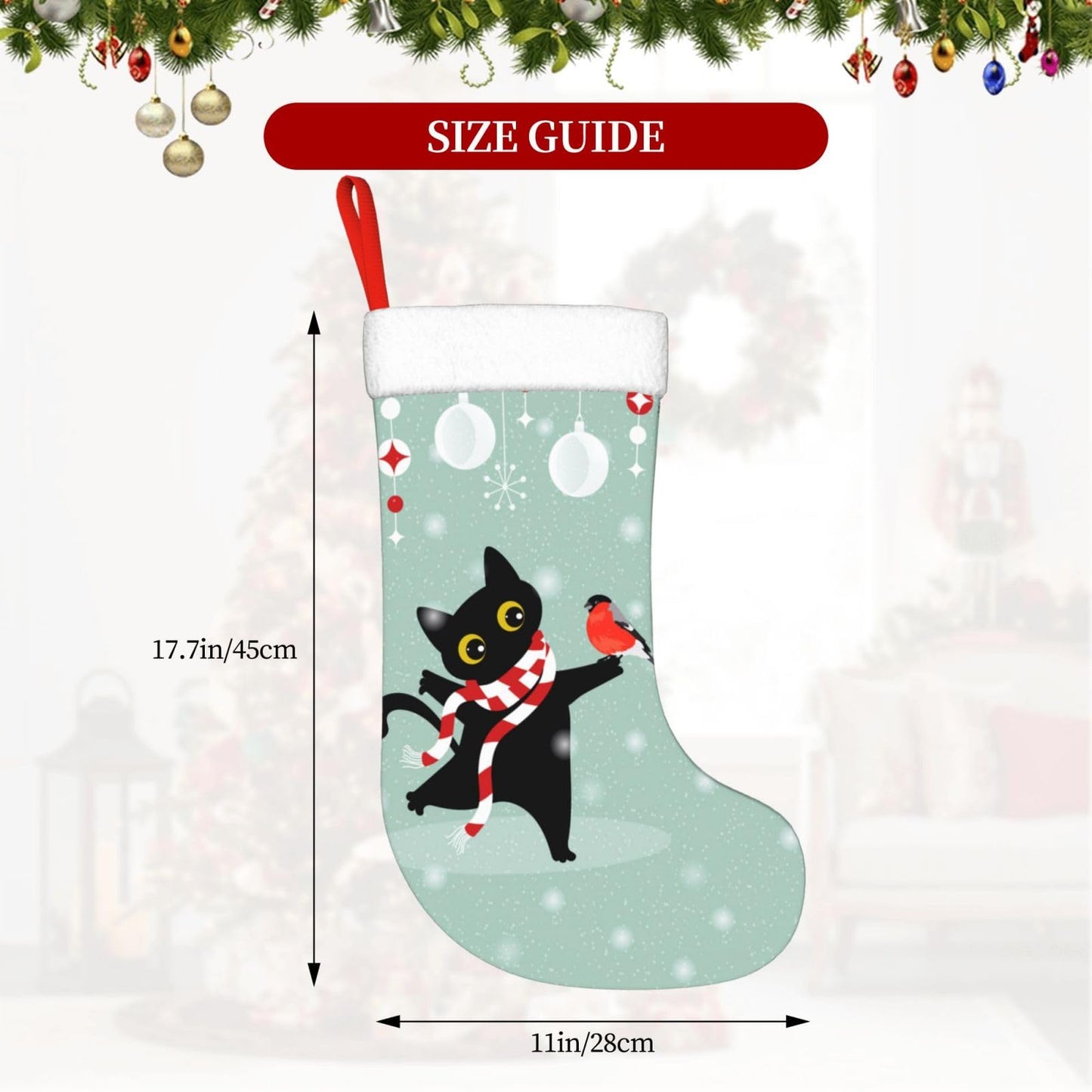 Cute Cat Christmas Stockings Hanging Decoration Stockings 17.7 Inch Xmas Stockings for Fireplace Family Party Holiday Decor 1PCS
