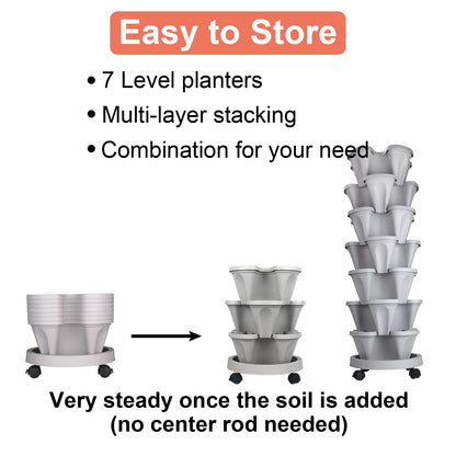 GameXcel Vertical Planter Tower- 7 Tier Stackable Garden Planter with Wheels and Tool Set – Grow Strawberries Herbs Flowers and Vegetables - Indoor Outdoor Use Gray