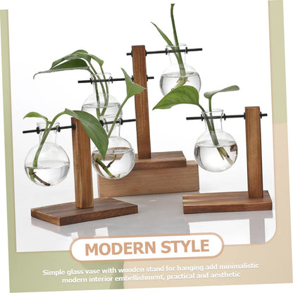 IWOWHERO 2pcs Elegant Hydroponic Plant Terrarium Stand Glass Vase Wooden Base Easy to Assemble for Home Office Decor