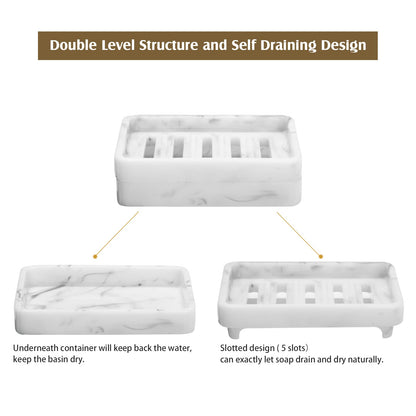 Shinowa Resin Soap Dish, Self-Draining Bar Soap Tray with Drainable Board, Dual Layer Sponge Holder for Bathroom Kitchen Shower Bathtub Sink Counter-top, Marble White