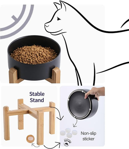 Elevated/Raised Ceramic Dog Bowl with Bamboo Stand (Black, 3.6Cup)