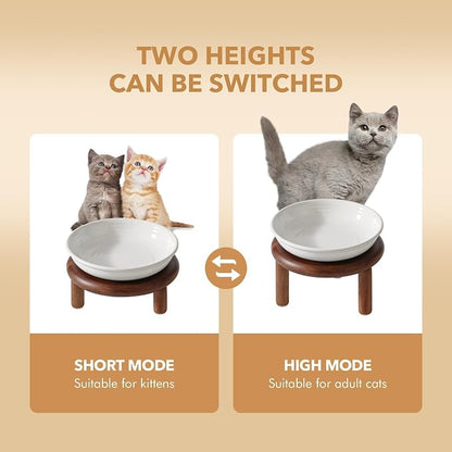 Havniva Elevated Cat Bowls Raised Ceramic Cat Bowl, 5.7” Wide Opening Cat Food Bowl Whisker Friendly Cat Dish Anti-Slip with Wood Stand, Shallow Pet Food & Water Bowl for Indoor Cats