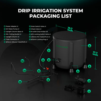 MARS HYDRO Auto Drip Irrigation Kits with 13 Gallon Foldable Bucket, 24W Upgraded Water Pump, 8 Drip Emitters, Garden Watering System for Grow Tent Indoor, Lawn, Greenhouse, Yard