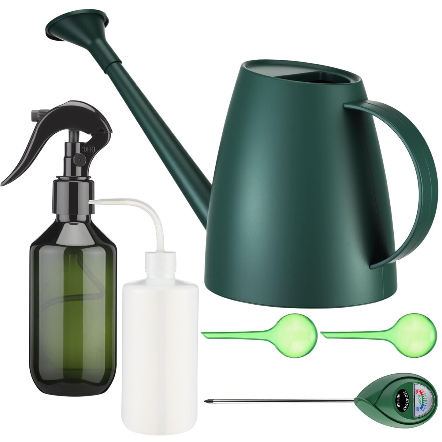 Reallnaive 6 Pcs Indoor Watering Can Set 1/2 Gallon Can 6.8 oz Spray Bottle 17 oz Squeeze Bottle Plant Watering Globes Soil Moisture Meter Small Spraying Set for Indoor Outdoor Plants (Dark Green)